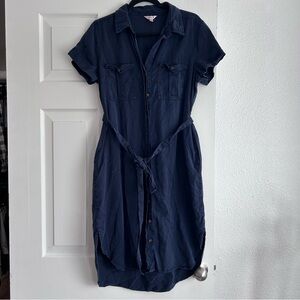 Navy Blue Collored Shirt Dress with Tie Waist Flattering Old Money Nautical